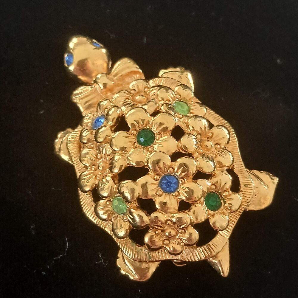 Vintage Avon Turtle Brooch Gold Tone Floral Rhinestone Tortoise Figural Pin Blue
